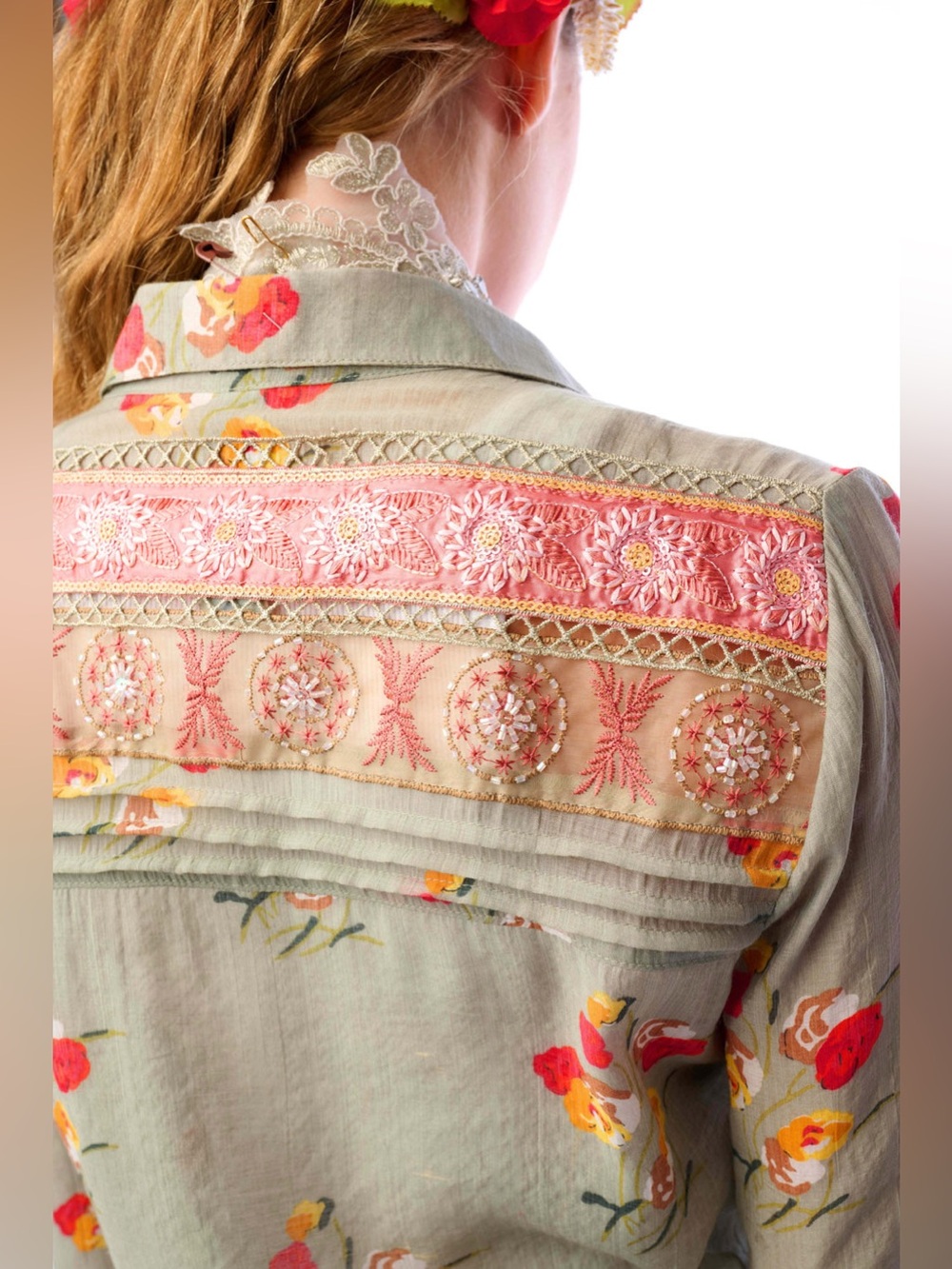 AR5 • Aratta Mia Grace Shirt Floral Embroidered Bohemian Button Down Light Olive - Picture 4 of 8